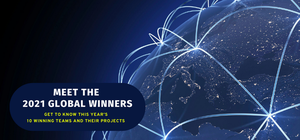 Meet the 2021 Global Winners blog graphic with a blue earth in outer space with lighter blue lines that connect like a network intertwined with lines